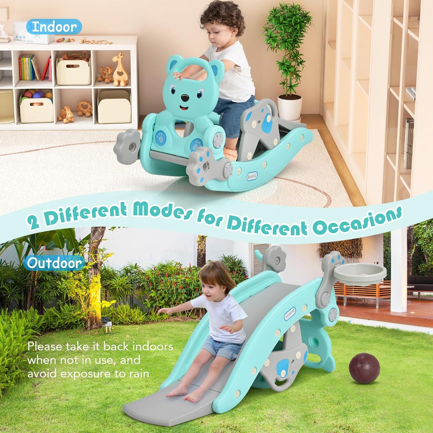 Ultimate 5-in-1 Toddler Slide & Rocking Horse Playset - Fun-Filled Indoor/Outdoor Adventure with Slide, Basketball Hoop, Ring Toss, and Inflatable Ball in Vibrant Green