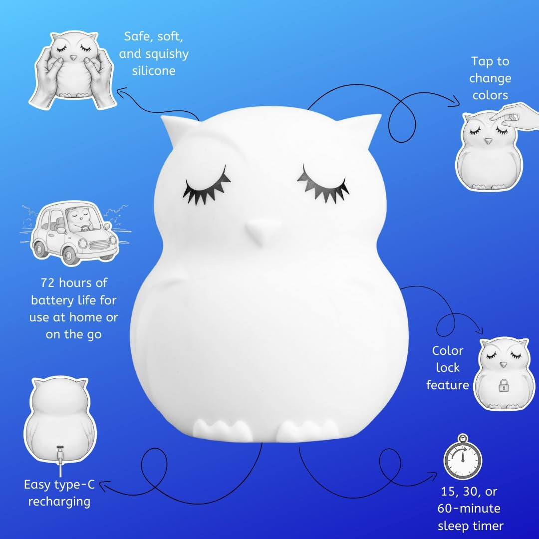 Enchanting Remote Control Owl Night Light for Kids - 9 Soothing Colors & Sleep Timer - Rechargeable, Battery-Powered Lamp for Baby Nursery and Toddler Rooms
