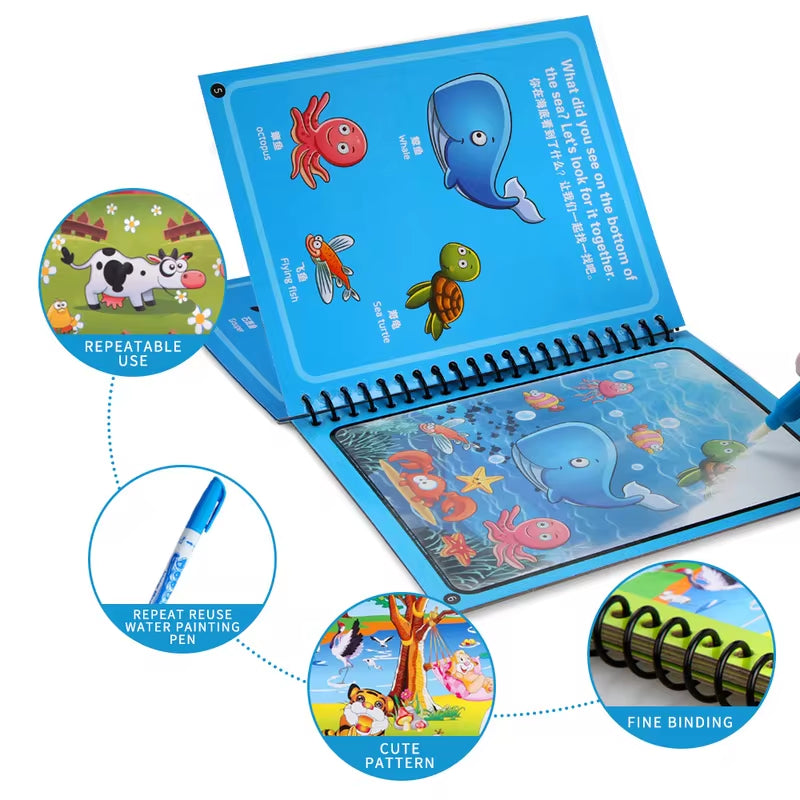 Unleash Creativity with the Magical Water Drawing Book - A Reusable Montessori Coloring Adventure for Sensory Learning and Fun!