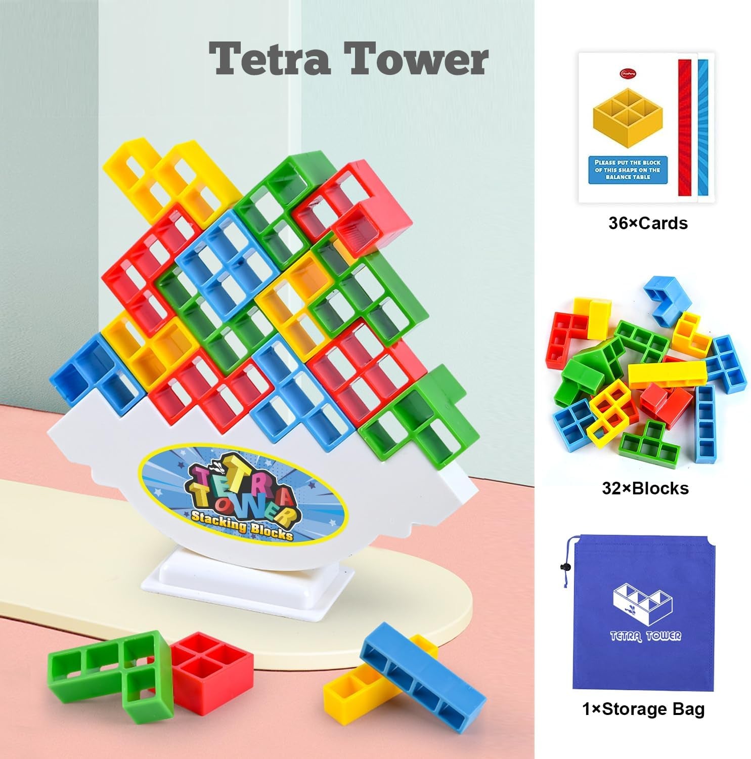 Tetra Balancing Stacking Tower Game - 32 Colorful Blocks for Fun Family Challenges, Perfect for Kids and Adults!