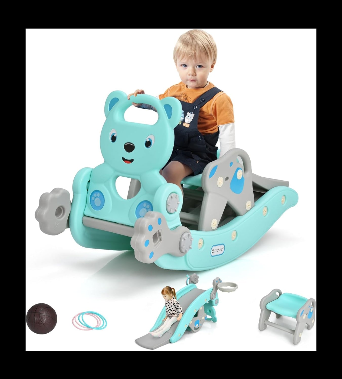 Ultimate 5-in-1 Toddler Slide & Rocking Horse Playset - Fun-Filled Indoor/Outdoor Adventure with Slide, Basketball Hoop, Ring Toss, and Inflatable Ball in Vibrant Green